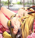  bare_shoulders beads blonde_hair breasts collarbone commentary_request facial_mark fang fate/grand_order fate_(series) flower forehead forehead_mark hair_pulled_back highres horns ibaraki_douji_(fate/grand_order) japanese_clothes kimono leaning_back long_hair looking_at_viewer obi off_shoulder oni oni_horns parted_lips petals pointy_ears rin_yuu sash slit_pupils small_breasts solo tattoo thighs yellow_eyes yellow_kimono 