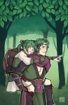  1girl carrying father_and_daughter fire_emblem fire_emblem_if forest green_eyes green_hair hat japanese_clothes midoriko_(fire_emblem_if) nature piggyback pointing_finger smile straw_hat suzukaze_(fire_emblem_if) tree twintails 