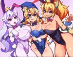  :d animal_ears asymmetrical_docking bare_shoulders black_leotard blonde_hair blue_eyes blue_hat blue_leotard blue_neckwear body_blush bow bowsette bowtie breast_press breasts bunnysuit claw_pose cleavage commentary contrapposto crown detached_collar eyebrows_visible_through_hair fake_animal_ears fingernails fukurou_(owl222) glasses gradient gradient_background grin hat highleg highleg_leotard highres holding horns huge_breasts kamek large_breasts leotard long_hair looking_at_viewer luigi's_mansion mario_(series) multiple_girls new_super_mario_bros._u_deluxe open_mouth outline pink_neckwear ponytail princess_king_boo purple_background red-framed_eyewear red_eyes round_eyewear sharp_teeth shell silver_hair smile spiked_tail super_crown sweatdrop tail teeth tongue tongue_out turtle_shell very_long_hair white_leotard white_outline white_skin wizard_hat wrist_cuffs 