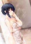  antenna_hair arm_under_breasts bangs blue_hair blush breasts cleavage collarbone commentary_request cowboy_shot dutch_angle eyebrows_visible_through_hair green_eyes hair_over_one_eye hand_up highres looking_at_viewer medium_breasts naked_towel nigo_(aozoragarou) nude original parted_lips short_hair single_sidelock solo standing steam towel wet wet_towel 