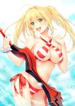  aestus_estus bangs bare_arms bare_shoulders bikini blonde_hair blush bracelet breasts commentary_request criss-cross_halter earrings eyebrows_visible_through_hair fate/grand_order fate_(series) green_eyes hair_between_eyes halterneck hands_up head_tilt holding holding_sword holding_weapon jewelry large_breasts long_hair looking_away looking_to_the_side navel nero_claudius_(fate)_(all) nero_claudius_(swimsuit_caster)_(fate) pf round_teeth side-tie_bikini sidelocks solo striped striped_bikini swimsuit sword teeth twintails upper_teeth weapon 