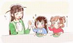  :d :t ^_^ aijou_karen apron black_hair blue_shirt blush brown_hair child closed_eyes commentary crown_hair_ornament eating food food_on_face green_shirt kagura_hikari long_hair multiple_girls open_mouth red_shirt shikawo shirt shoujo_kageki_revue_starlight smile sparkle_hair_ornament striped time_paradox tsuyuzaki_mahiru two_side_up vertical-striped_apron vertical_stripes younger 