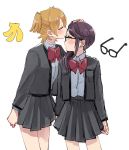  banana bow closed_eyes commentary_request daiba_nana food forehead_kiss fruit glasses hand_on_another's_head highres hoshimi_junna kiss multiple_girls naizo_(kimosugimasu) profile red_bow school_uniform seishou_music_academy_uniform shoujo_kageki_revue_starlight simple_background white_background yuri 