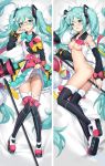  ass bed_sheet blue_hair blush boots bow breasts dakimakura detached_sleeves from_above full_body green_eyes hair_ribbon hatsune_miku headphones hokuotzu lifted_by_self long_hair looking_at_viewer lying magical_mirai_(vocaloid) medium_breasts megaphone multiple_views no_panties on_back on_side open_clothes open_mouth open_shirt pink_bow pussy pussy_juice ribbon shirt skirt skirt_lift sleeveless sleeveless_shirt thighhighs twintails very_long_hair vocaloid white_ribbon white_shirt 