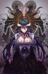  albedo alternate_costume animal_skull black_hair black_wings breasts cleavage commentary_request demon_horns dress feathered_wings flower flower_ornament frilled_dress frills glover hair_between_eyes halo highres horns jewelry jju_(nile12634) large_breasts light_rays looking_at_viewer low_wings necklace overlord_(maruyama) rose sheep_horns skeleton slit_pupils smile wings yellow_eyes 