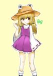  absurdres closed_mouth commentary_request full_body hat highres long_hair long_sleeves moriya_suwako pyonta shirt simple_background skirt smile solo standing takochan7000 touhou white_shirt 
