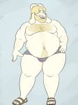  anthro asgore_dreemurr bar beard belly big_thighs blonde_hair body_hair boss_monster bulge caprine chest_hair clothing facial_hair feet footwear goat hair hairy_belly horn long_ears long_hair male mammal mature_male muscular navel oystercatcher7 sandals simple_background slightly_chubby solo undertale video_games 