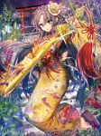  bamboo brown_eyes brown_hair company_name copyright_name floral_print glint hair_ornament holding holding_sword holding_weapon interitio japanese_clothes kimono lantern long_hair looking_at_viewer night night_sky official_art outdoors plant sandals sky stairs standing sword tassel tenka_touitsu_chronicle torii very_long_hair weapon yellow_kimono 