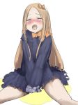  1girl abigail_williams_(fate/grand_order) between_legs blonde_hair blush bow dress embarrassed eyebrows_visible_through_hair eyes_closed fate/grand_order fate_(series) female frilled_dress frills gk_(go4161) hair_bow hand_between_legs hands_together long_hair long_sleeves nose_blush open_mouth orange_bow peeing peeing_self puddle purple_dress simple_background sitting sleeves_past_fingers sleeves_past_wrists solo spread_legs tears v_arms white_background 