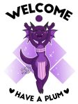  anthro chest_wraps claws clothed clothing eyelashes eyes_closed female fin flat_chested food fruit girly horn kobold loincloth male navel plum_(fruit) plūm_rhazin purple_scales reptile scales scalie short_stack smile solo sparkles teeth tongue vermine wide_hips wraps 
