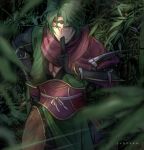  arm_blade bamboo bamboo_forest fire_emblem fire_emblem_if forest green_eyes green_hair japanese_clothes kunai looking_at_viewer nature ninja solo suzukaze_(fire_emblem_if) traditional_media tree watercolor_(medium) weapon 