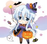  alternate_costume bat black_cat blue_eyes candy cat chibi cloud commentary_request dress food full_body ghost hat hibiki_(kantai_collection) highres hizuki_yayoi jack-o'-lantern kantai_collection long_hair purple_dress silver_hair solo standing striped striped_legwear triangle_mouth wand witch_hat 