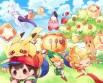  &gt;_&lt; 3boys :d :o apple black_hair block blonde_hair blue_shorts blue_sky blush blush_stickers brown_footwear cauldron chef child cloud creatures_(company) day doseisan fence flower food fruit frying_pan game_freak gen_1_pokemon grass green_hat hat hitofutarai holding holding_sword holding_weapon kirby kirby_(series) leaf link lucas maxim_tomato mewtwo mother_(game) mother_2 mother_3 multiple_boys ness nintendo open_mouth outdoors pantyhose pikachu planted_weapon pokemon pokemon_(creature) red_footwear shirt shorts sky smile snake spatula striped striped_shirt super_smash_bros. sweatdrop sword t-shirt tears the_legend_of_zelda the_legend_of_zelda:_the_wind_waker tomato toon_link tree tree_stump weapon whispy_woods wind 