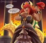  2018 alternate_species animal_humanoid big_breasts bowser bowsette_meme bracelet breasts cleavage clothed clothing crossgender crown dark_skin dialogue dress english_text falleninthedark female hair hat hi_res horn humanoid humanoidized jewelry koopa lava long_hair mammal mario_bros nintendo pointy_ears red_eyes red_hair reptile reptile_humanoid scalie sharp_teeth solo speech_bubble spiked_bracelet spikes super_crown teeth text video_games 