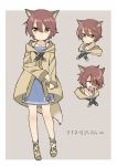  amane_rosylily animal_ear_fluff animal_ears bangs belt belt_buckle black_belt blue_dress blush brown_background brown_coat brown_eyes brown_footwear brown_hair buckle coat collarbone commentary_request dress eyebrows_visible_through_hair fox_ears hair_between_eyes highres hood hood_down hooded_coat injury long_sleeves looking_at_viewer multiple_views original red_eyes sekira_ame short_hair sketch sleeveless sleeveless_dress sleeves_past_wrists translation_request two-tone_background white_background younger 