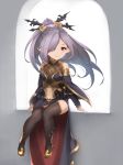  1girl bare_shoulders black_legwear blurry blurry_background blush boots chokuro cloak closed_mouth commentary_request dress gloves granblue_fantasy hair_ornament hair_over_one_eye hair_stick harvin high_ponytail highres long_hair looking_at_viewer navel navel_cutout nio_(granblue_fantasy) pointy_ears ponytail purple_hair red_eyes sitting smile solo thigh_boots thighhighs white_gloves wuming 