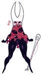  angry arthropod black_body breasts cloak clothing featureless_breasts featureless_crotch fukmin-dx hollow_knight hornet_(hollow_knight) humanoid insect melee_weapon needle solo torn_clothing weapon 