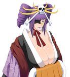  bleach bleach:_zanpakutou_ibun_hen blue_eyes breasts cleavage drill_hair eyepatch huge_breasts japanese_clothes katen_kyoukotsu lipstick makeup personification purple_hair sagging_breasts saran_wrap_(sf_seijin) skull smile solo 