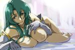  barefoot breasts cecilia_(fire_emblem) convenient_arm elbow_gloves fire_emblem fire_emblem:_fuuin_no_tsurugi gloves green_eyes green_hair large_breasts lying michael nipples nude on_side solo 