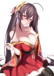  ahoge azur_lane bangs bare_shoulders black_hair black_legwear blush breasts cleavage closed_mouth collarbone commentary_request crossed_bangs eyebrows_visible_through_hair feathers finger_to_cheek hair_between_eyes hair_ribbon hands_up head_tilt highres huge_breasts japanese_clothes kimono large_breasts long_hair looking_at_viewer maosame mask mask_on_head obi off_shoulder red_eyes red_kimono red_ribbon ribbon sash sidelocks sitting smile solo striped striped_ribbon taihou_(azur_lane) thighhighs thighs twintails very_long_hair wariza wide_sleeves 