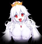  :d bangs black_background breasts cleavage crown earrings eyebrows_visible_through_hair fang gloves hair_between_eyes hands_up jewelry large_breasts long_hair looking_at_viewer luigi's_mansion mario_(series) new_super_mario_bros._u_deluxe no_nose open_mouth princess_king_boo red_eyes shokuane short_sleeves smile solo super_crown super_mario_bros. tongue tongue_out upper_body white_gloves white_hair white_skin 