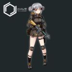  bangs belt belt_pouch bgm-71_(girls_frontline) commentary double_bun fingerless_gloves full_body girls_frontline gloves grey_background grey_hair gun hair_ornament highres knee_pads looking_at_viewer military_operator mk_18_carbine pouch rifle sechka shoes simple_background trigger_discipline weapon yellow_eyes 