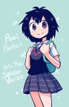  backpack bag black_hair blue_background brown_eyes character_name commentary copyright_name grey_skirt light_blush looking_at_viewer marvel necktie open_collar peni_parker rariatto_(ganguri) school_uniform short_hair skirt smile solo spider-man:_into_the_spider-verse spider-man_(series) 