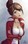  artist_name asahina_aoi bangs blue_eyes breasts brown_hair cleavage collarbone crossed_arms danganronpa danganronpa_1 eyebrows_visible_through_hair floating_hair hair_ornament hairclip high_ponytail highres jacket kami_mitsugu_(kamiken) looking_up medium_breasts open_clothes open_jacket open_mouth parted_bangs red_jacket shirt solo upper_body white_shirt 