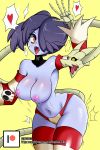  1girl areolae blue_skin breasts cleavage curvy hair_over_one_eye large_breasts leviathan_(skullgirls) navel nipples open_mouth purple_hair red_eyes skullgirls solo squigly_(skullgirls) stitches striped striped_legwear striped_sleeves thick_thighs thighhighs thighs tongue tongue_out underwear wide_hips zombie 