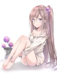  absurdres anklet bad_id bad_pixiv_id barefoot blue_eyes brown_hair cola cuna_(qunya) dress_shirt eyebrows_visible_through_hair flower full_body hair_between_eyes hair_ornament highres jewelry leg_hug long_hair mole mole_under_eye naked_shirt off_shoulder original purple_flower shirt side_ponytail simple_background sitting solo very_long_hair white_background white_shirt 