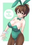  animal_ears arm_behind_back bare_shoulders bow bowtie breasts brown_eyes brown_hair brown_legwear bunny_ears bunny_girl bunny_tail bunnysuit cleavage collarbone copyright_name cowboy_shot detached_collar girls_und_panzer green_leotard green_neckwear highres igarashi_(igarashi_346) koyama_yuzu large_breasts leotard looking_at_viewer open_mouth pantyhose ponytail short_hair short_ponytail smile solo strap_slip tail thighs wrist_cuffs 