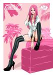  1girl anti-eyebrow_piercing between_legs black_footwear border bracelet breasts cleavage hand_between_legs hand_in_hair high_heels jewelry jewelry_bonney large_breasts lipstick long_hair makeup one_piece outside_border pink_background pink_hair sherumaru_(korcht06) shirt sitting solo striped striped_legwear thighhighs white_border white_shirt 