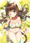 ;) animal_ear_fluff animal_ears antenna_hair arm_support bangs bare_shoulders bikini blush breasts brown_hair cat_ears cat_girl cat_tail cleavage closed_mouth collarbone commentary_request eyebrows_visible_through_hair food fruit green_bikini green_eyes green_legwear groin hair_between_eyes head_tilt holding holding_food hood hood_down hooded_jacket jacket large_breasts lime_(fruit) lime_slice long_hair long_sleeves looking_at_viewer mauve mismatched_legwear navel no_shoes off_shoulder one_eye_closed open_clothes open_jacket original polka_dot polka_dot_bikini sitting smile solo striped striped_legwear swimsuit tail thighhighs very_long_hair white_background yellow_jacket 