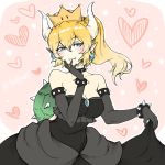  1girl bare_shoulders black_collar black_dress black_gloves blonde_hair blue_eyes blush bowsette bracelet breasts chest_jewel cleavage collar dress elbow_gloves fan gloves heart high_ponytail horns jewelry large_breasts long_hair mario_(series) new_super_mario_bros._u_deluxe nintendo smile solo spiked_armlet spiked_bracelet spiked_collar spikes super_crown 