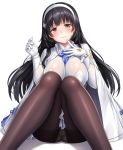 bangs between_breasts black_hair black_legwear blush breasts cape closed_mouth commentary_request eyebrows_visible_through_hair flower girls_frontline gloves hair_flower hair_ornament hairband hands_up head_tilt knees_together_feet_apart lambda_(kusowarota) large_breasts long_hair looking_at_viewer necktie necktie_between_breasts panties panties_under_pantyhose pantyhose qbz-95_(girls_frontline) shirt sidelocks simple_background sitting skirt smile solo thighband_pantyhose underwear very_long_hair white_background white_gloves white_hairband white_panties white_shirt white_skirt wrist_straps yellow_eyes 