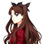  black_bow blue_eyes bow brown_hair chimachi eyebrows_visible_through_hair fate/stay_night fate_(series) hair_bow jacket long_hair looking_at_viewer looking_back neck_ribbon parted_lips red_jacket red_ribbon ribbon simple_background solo toosaka_rin twintails upper_body very_long_hair white_background 