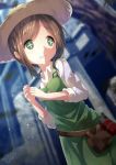  1girl apron bag bangs blurry blurry_background blush brown_hair character_request chinomaron commentary_request depth_of_field dutch_angle emma_woods eyebrows_visible_through_hair green_apron green_eyes hands_up highres identity_v long_sleeves own_hands_together parted_bangs parted_lips satchel shirt sidelocks signature sleeves_folded_up solo standing twitter_username white_shirt 
