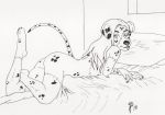  2018 anthro bed_sheet bedding bedroom butt canine charlene_palmer dalmatian dog dreadwolfclaw1990 female frankenstein fur hair half-closed_eyes halloween holidays inktober long_hair looking_at_viewer looking_back lying mammal nails nude on_front pillow signature smile solo spots spotted_fur stitches 