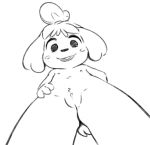  2018 animal_crossing anthro canine clitoris digital_media_(artwork) dog female flat_chested grin isabelle_(animal_crossing) looking_at_viewer low-angle_view mammal nintendo nipples nude pussy rawrunes shih_tzu smile solo standing video_games worm&#039;s-eye_view 