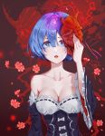  blue_hair bow breasts cleavage collarbone detached_sleeves eyes flower hair_between_eyes horn maid mask mask_on_head medium_breasts no_hairband open_mouth pink_flower re:zero_kara_hajimeru_isekai_seikatsu rem_(re:zero) ribbon-trimmed_sleeves ribbon_trim short_hair solo strapless tears upper_body wangxiii white_bow 