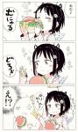  3koma :t ano_ko_wa_toshi_densetsu black_hair blush_stickers closed_eyes closed_mouth comic cup disposable_cup fake_halo fake_horns feathered_wings flower food food_on_face gomennasai hair_flower hair_ornament hairclip hamburger holding holding_cup holding_food hood hood_down hoodie long_sleeves messy parted_lips sleeves_past_wrists striped_hoodie translation_request white_wings wings zangyaku-san 