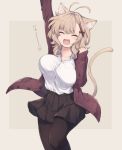  :d ^_^ animal_ear_fluff animal_ears antenna_hair arm_up black_legwear black_skirt bouncing_breasts breasts brown_background cardigan cat_ears cat_girl cat_tail closed_eyes collarbone collared_shirt dress_shirt facing_viewer fang hair_ornament hand_up jumping large_breasts light_brown_hair long_hair long_sleeves natsuki_teru nekomiya_ryuu open_cardigan open_clothes open_mouth original pantyhose pleated_skirt red_cardigan shirt skirt sleeves_past_wrists smile solo tail translation_request two-tone_background unaligned_breasts white_shirt 