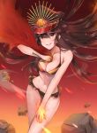  absurdres bikini black_bikini breasts brown_hair cleavage collarbone cuna_(qunya) fate/grand_order fate_(series) floating_hair hair_between_eyes hand_on_lap hat highres holding leaning_forward long_hair medium_breasts military_hat navel oda_nobunaga_(swimsuit_berserker)_(fate) parted_lips red_eyes smile solo swimsuit very_long_hair 