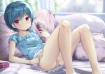  bangs bare_legs bed_sheet blue_hair blue_shirt blush book cameltoe collarbone commentary_request curtains eyebrows_visible_through_hair feet_out_of_frame frilled_skirt frills hair_between_eyes holding holding_book indoors looking_at_viewer minami_(niiya) niiya open_book original panties parted_lips pillow pink_panties purple_eyes shirt short_hair short_sleeves skirt solo underwear white_skirt 