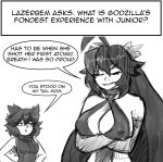  animal_humanoid breasts cleavage clothed clothing crossgender daughter dialogue female godzilla godzilla_(series) godzilla_jr humanoid inkershike kaiju_girls_(webcomic) mother mother_and_daughter nipple_bulge parent 