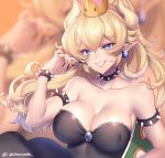  armband bangs bare_shoulders black_collar black_dress black_nails blonde_hair blue_earrings blue_eyes blurry blurry_background bowsette bracelet breasts cleavage collar collarbone commentary_request covered_nipples crown dress earrings eyebrows_visible_through_hair fingernails forked_eyebrows grin half-closed_eyes hand_up high_ponytail highres horns jewelry large_breasts long_fingernails long_hair looking_at_viewer mario_(series) nail_polish new_super_mario_bros._u_deluxe parted_bangs pointy_ears princess sakura_shiho sapphire_(stone) sharp_fingernails sharp_teeth shell silver_trim smile solo spiked_armlet spiked_bracelet spiked_collar spiked_shell spikes strapless strapless_dress super_crown teeth thick_eyebrows turtle_shell upper_body 