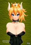  1girl bare_shoulders blonde_hair blue_eyes bowsette breasts cleavage collar collarbone crown horns jadenkaiba large_breasts looking_at_viewer mario_(series) new_super_mario_bros._u_deluxe nintendo ponytail solo spiked_collar spikes strapless super_crown tied_hair upper_body 