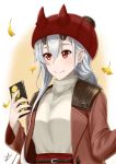  cellphone coat commentary english_commentary fate/grand_order fate_(series) hair_between_eyes hat highres izham-zk9 leaf long_hair mitsudomoe_(shape) oni_horns open_clothes open_coat phone red_eyes red_hat signature silver_hair smartphone smile solo sweater tomoe_(symbol) tomoe_gozen_(fate/grand_order) 