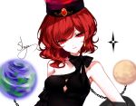  alternate_costume artist_name bangs bare_shoulders black_choker black_dress breasts chain chinese_commentary choker collarbone commentary_request dress earrings earth_(ornament) eyebrows_visible_through_hair gem hecatia_lapislazuli jewelry looking_at_viewer medium_breasts moon_(ornament) parted_lips polos_crown red_eyes red_hair ribbon_choker sheya short_hair signature simple_background single_strap smile solo touhou upper_body white_background 