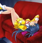  1girl agent_aika aika_(series) artist_request blue_hair bow breasts cleavage cleavage_cutout curvy delmo female golden_delmo grey_eyes hair_bow hair_ornament hair_ribbon large_breasts legs long_hair looking_at_viewer looking_back lying on_back petoriyacowa_rie ribbon shiny shiny_skin simple_background smile solo uniform 
